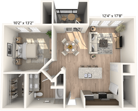 A 3D floor plan of a small apartment with a kitchen, living room, and bathroom.